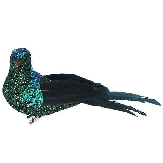 BirdClip, Petrol Sequin, Glitter & Green Feather 13cm *ETA Nov